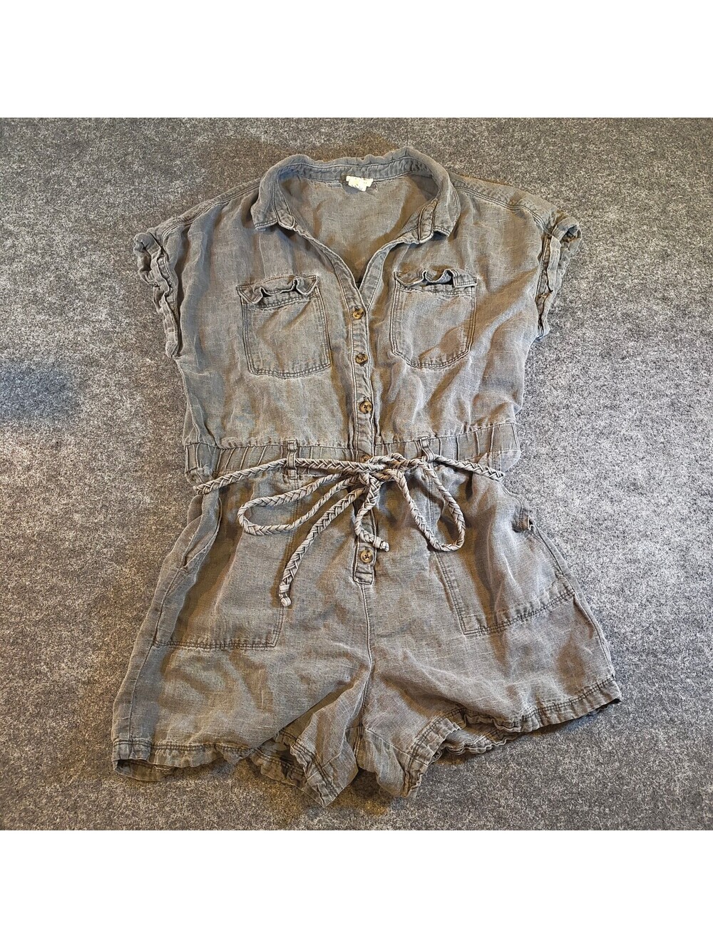 Nicole Miller New York Gray Utility Romper Short Sleeve Braided Belt Women's L